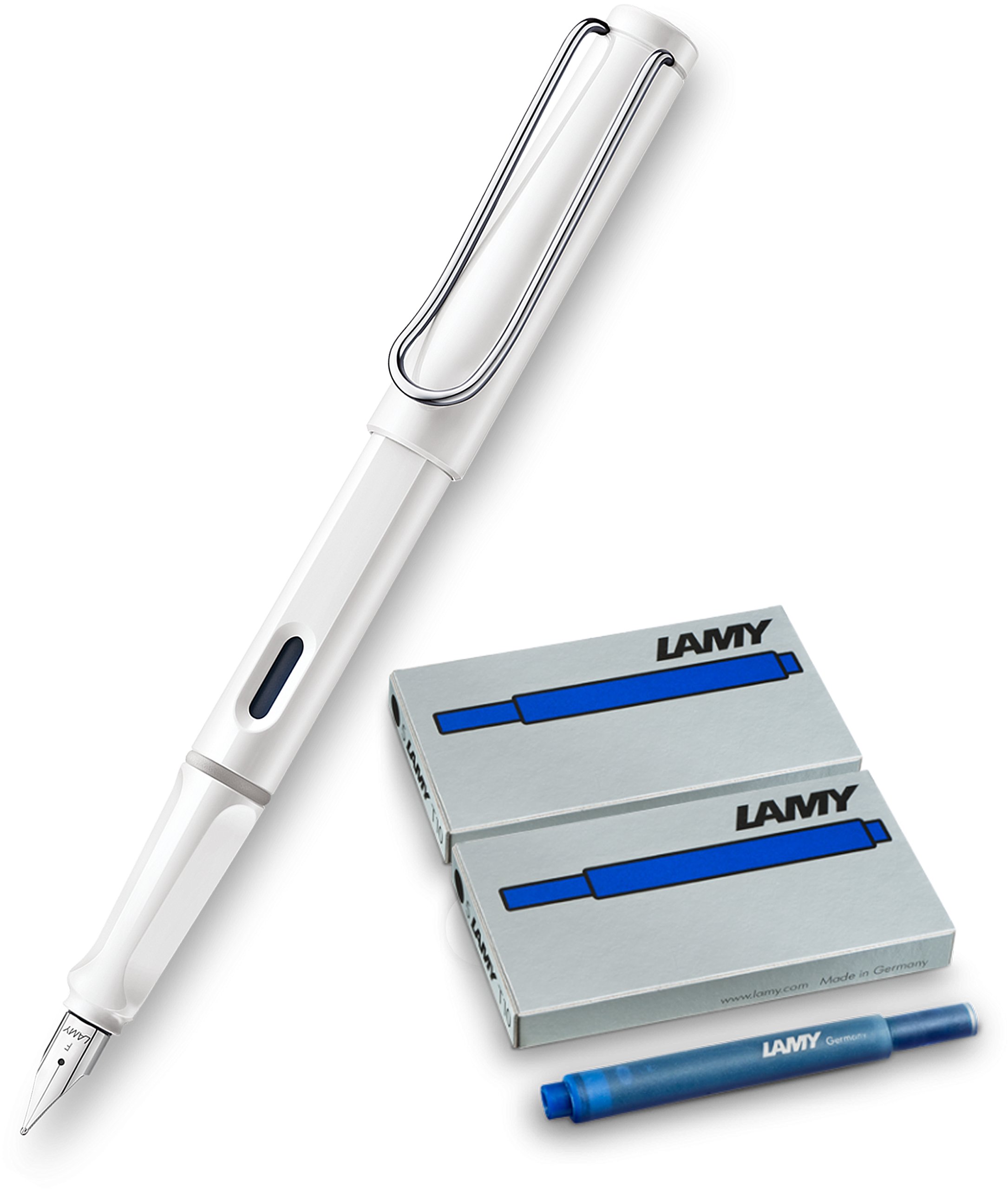 Lamy Safari Fountain Pen, Nib: F, White + 10 Patronen Blau, Füllfederhalter Safari