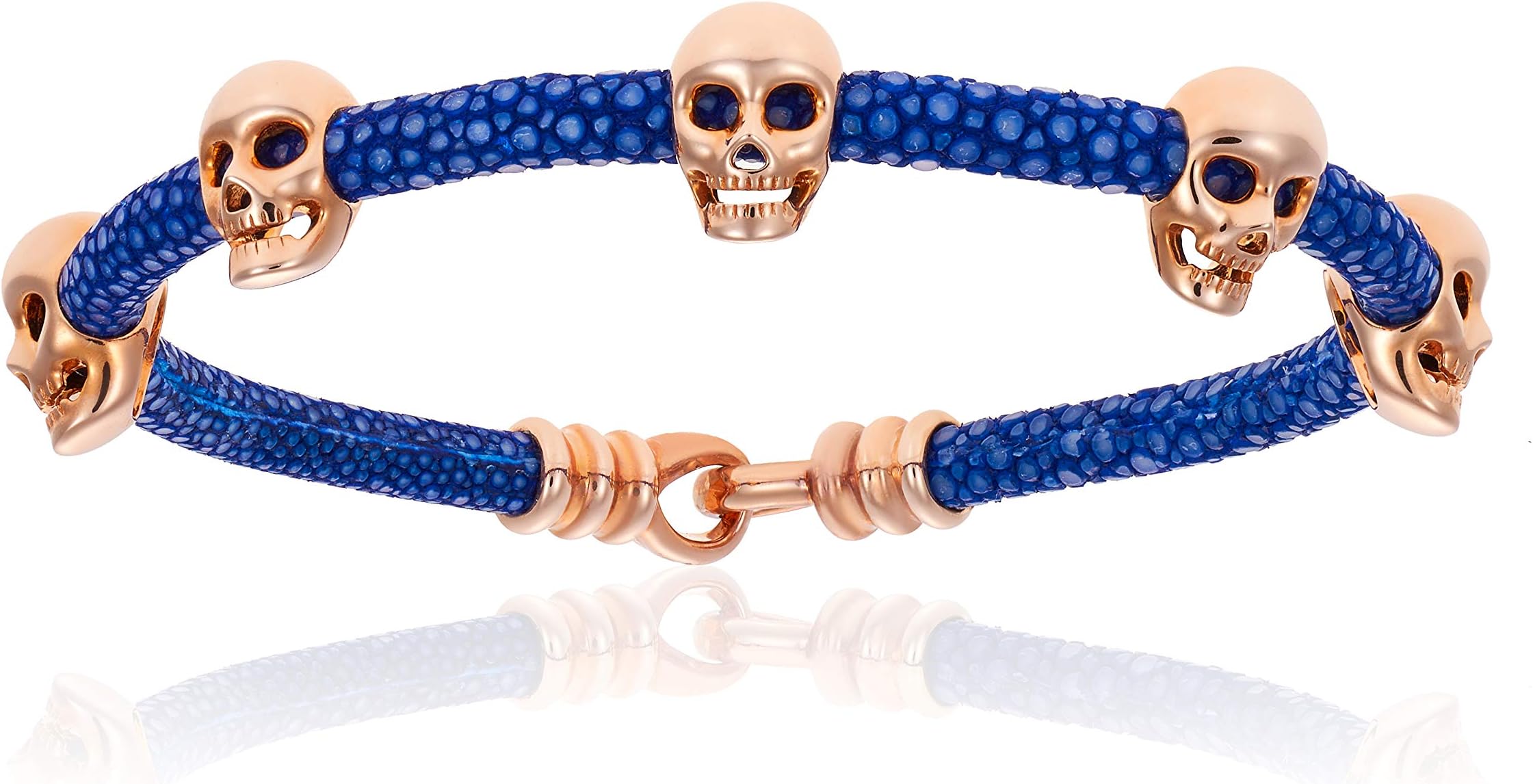 Double Bone Blue Stingray Bracelet with Rose Gold Skulls Medium 19 cm (7.5 in) DBMK00PBL