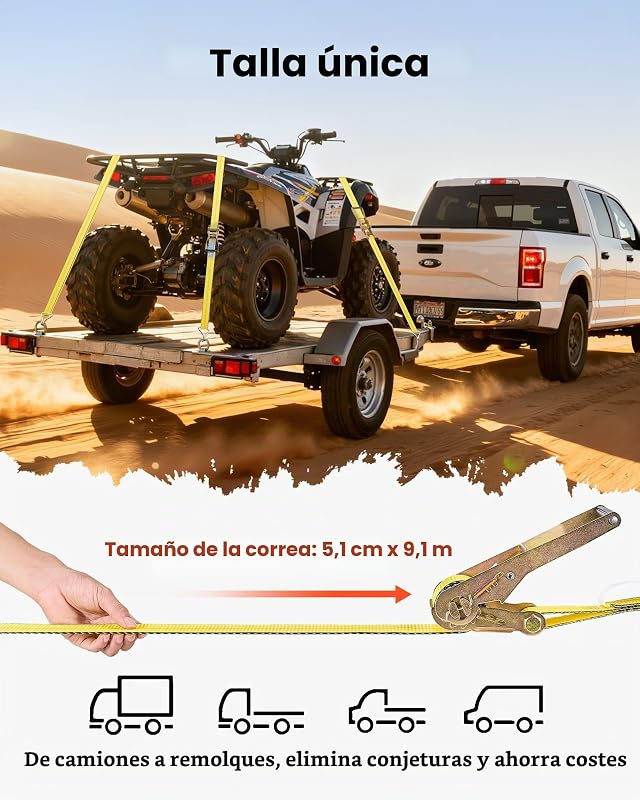 Correas de Trinquete, 50,8 mm x 9,1 m, con Gancho Doble en J, Resistencia a la Rotura de 4536 kg, para Mudanzas, Remolques, Motocicletas, Kayaks, Techo de Automóviles, Paquete de 10 uds