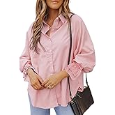 whoinshop Women's Striped Button Down Shirts Oversized Smocked Cuffed Boyfriend Shirt Puff Sleeve Blouse Top with 3 Pockets