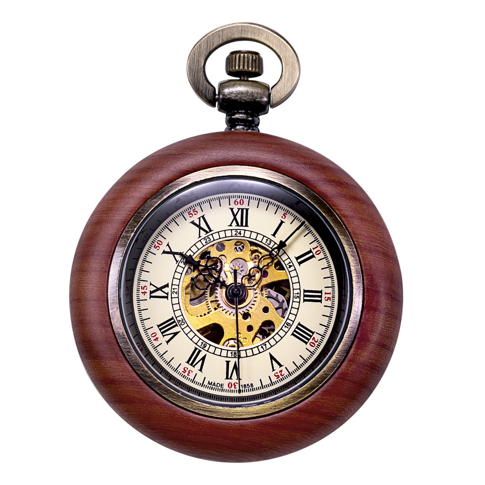 TREEWETO Vintage Wood Mechanical Pocket Watch for Men Women Steampunk Skeleton Dial with Chain + Gift Box