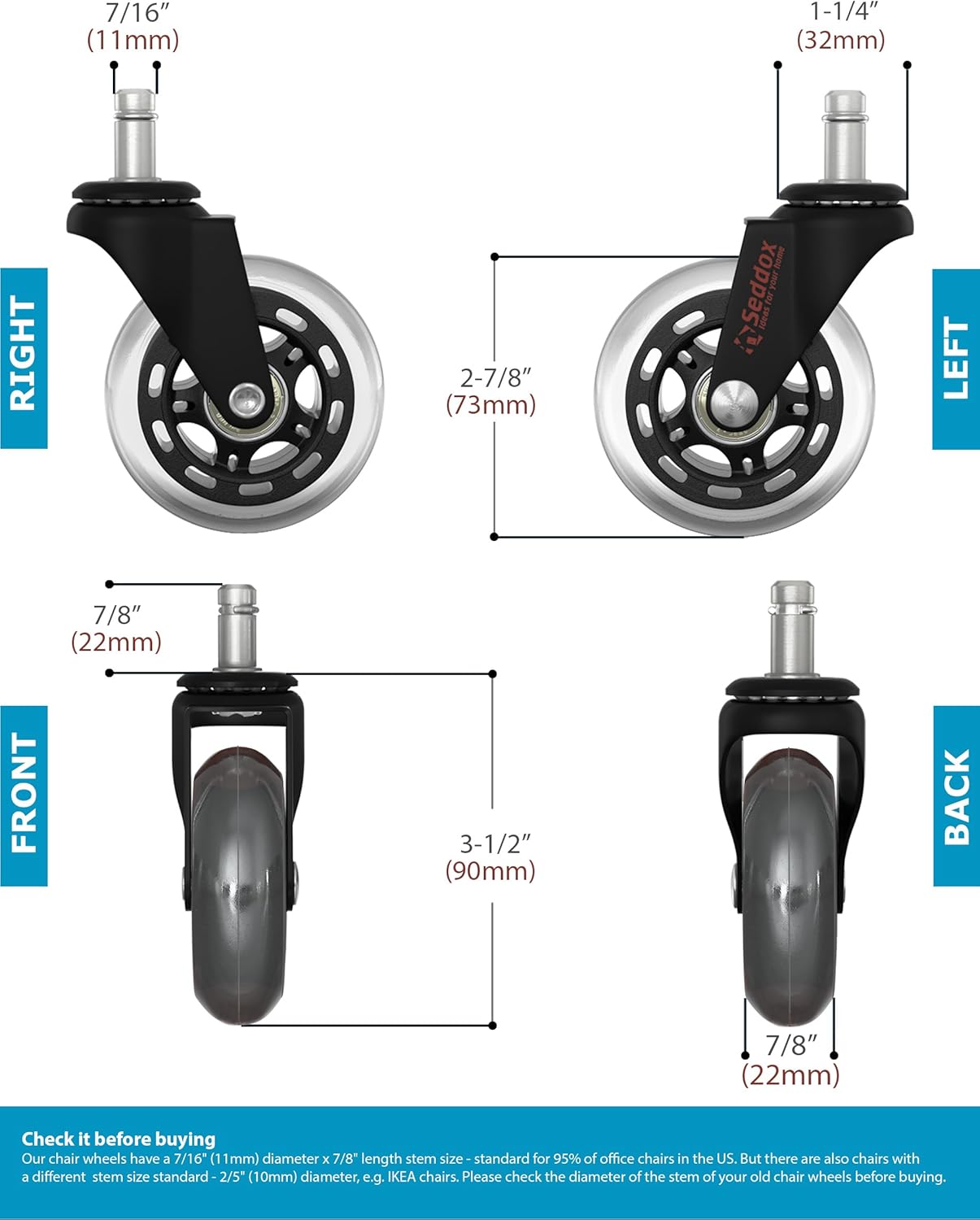 Professional Office Chair Caster Wheels Gift Set of 5 - Protect All Your Floors - 3'' Heavy Duty Replacement Rubber Desk Chair Casters - Best Protection for Your Hardwood Floors : Office Products