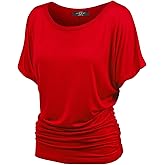 Made By Johnny Women's Casual Solid Short Sleeve Boat Neck/V Neck Dolman Top T Shirt with Side Shirring