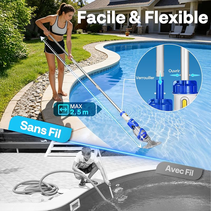 Aspirateur Piscine sans Fil 4300LPH avec Perche Télescopique 250cm