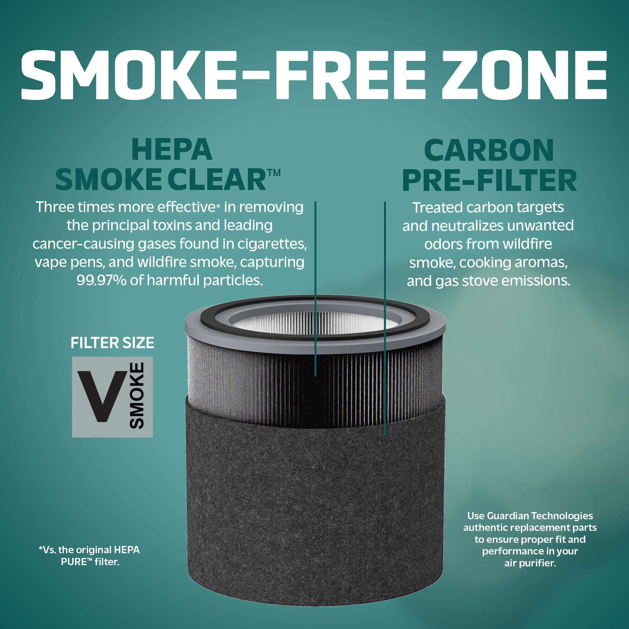 germguardian Filter V Smoke Clear HEPA Original Air Purifier Replacement Filter, Removes 99.97% of Pollutants, Smoke Toxins and Odors, for AirSafe Series and AC151, Black/Grey, FLT151SM