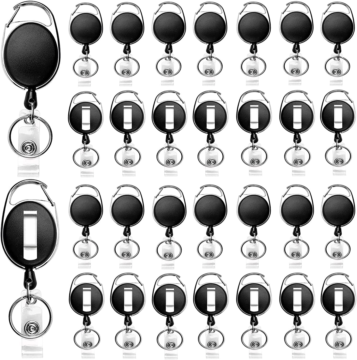 suokoun 30 Packs Heave Duty Retractable Badge Holder with Carabiner Belt Clip and Key Ring, Badge Reel Clip for ID Card Name Keychain(Black, 26.5 Inch Pull Cord)