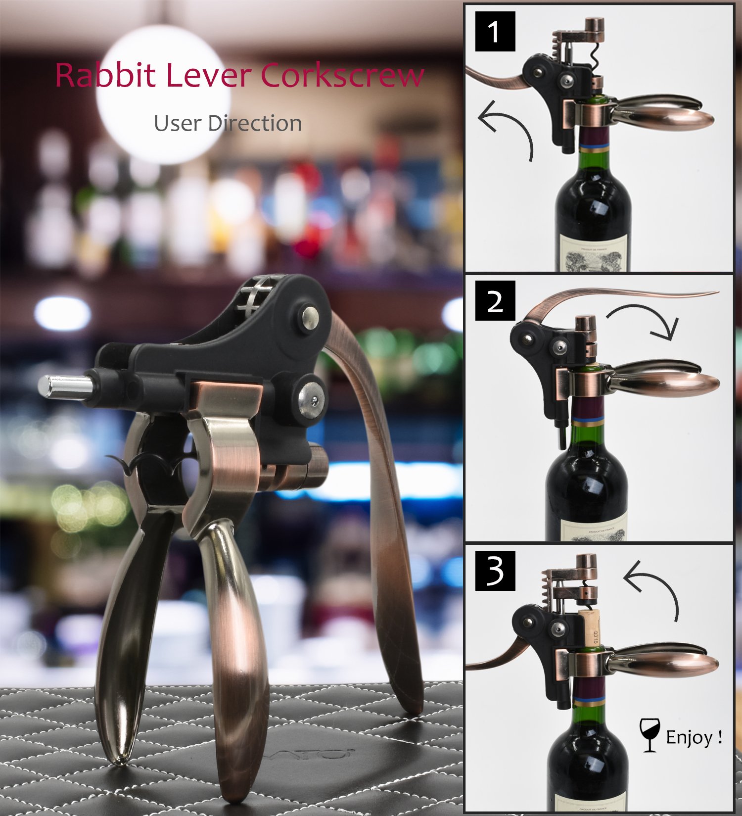 Wine Opener Corkscrew Set, 7 Pieces Wine Bottle Accessories Gift Kit, Rabbit Screwpull, Wine Stopper, Pourer, Foil Cutter and Extra Screw In Deluxe Leather Box by Kato, Free Drink Marker Stickers