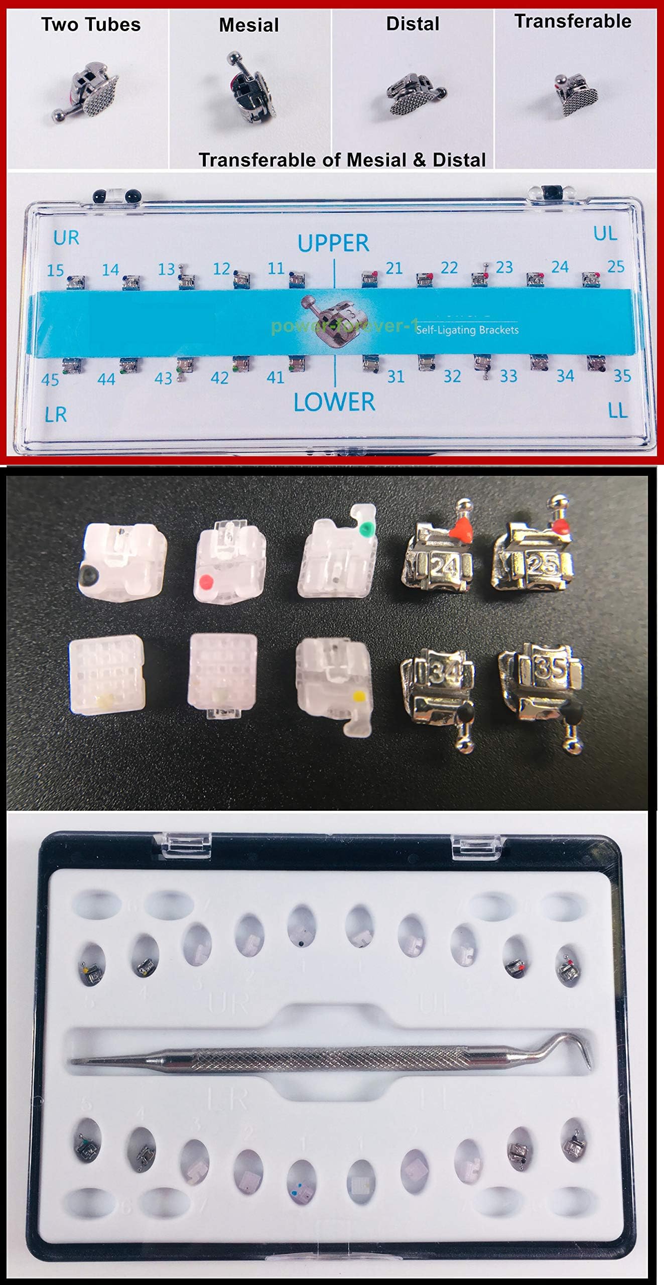 20/Box Dental Orthodontic Self Ligating 123-Ceramic 45-Metal Full Metal Brackets Mini MBT Roth Brace Retainer (Ceramic+Metal,Mini,MBT,022,345hooks)