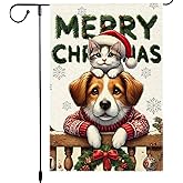 Christmas Garden Flag 12x18 Inch Double-Sided Small Burlap Decor Featuring Adorable Dog and Cat in Festive Sweaters
