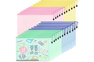 Qualsen 24 pcs Mesh Zipper Pouch, Mesh Zipper File Bags A4, Waterproof Plastic Document Pouch File Holders for Office School 