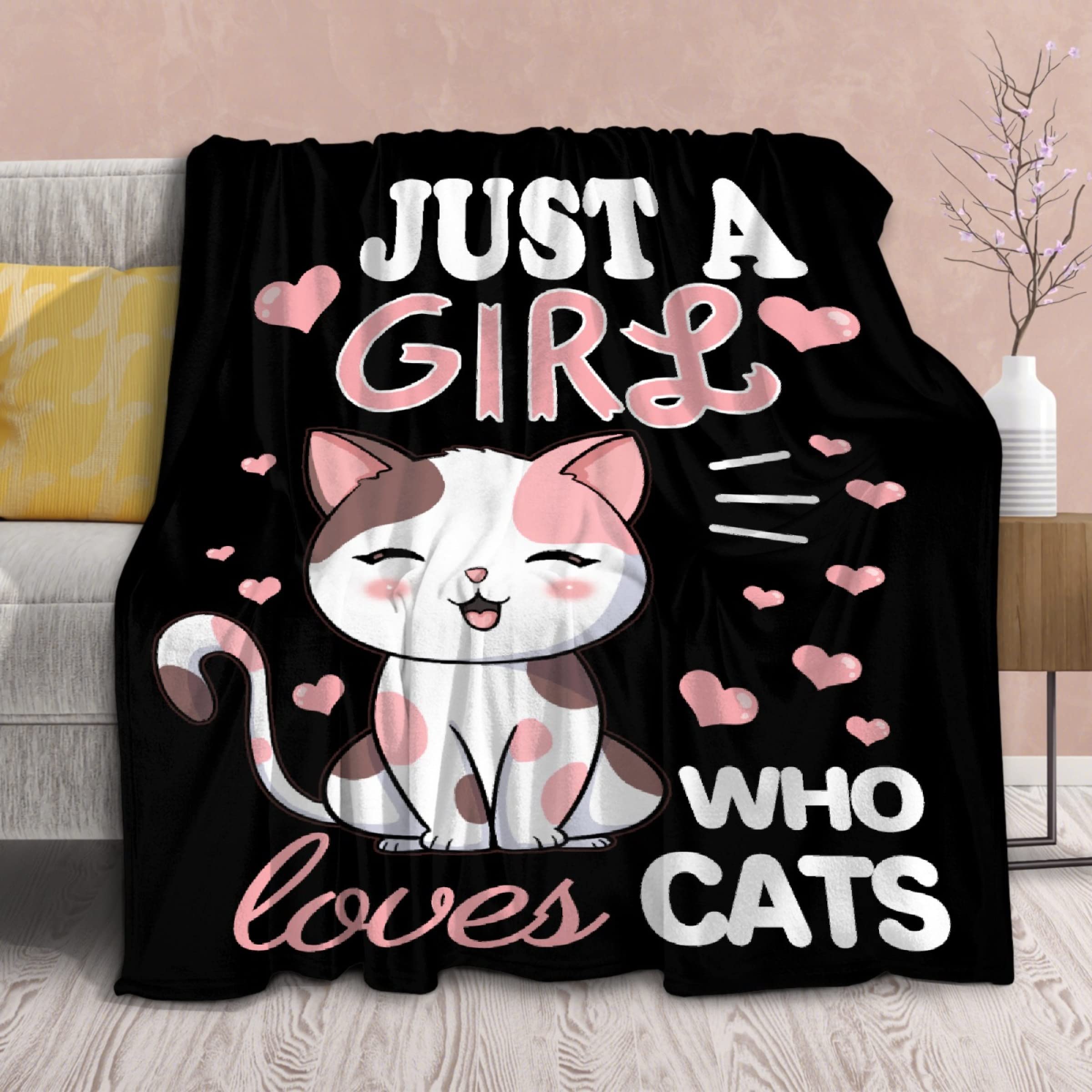 Photo 1 of Cat Blanket Plush Gift for Kids Women Comfy Throw-Just A Girl Who Loves Cats-Soft Lightweight Kawaii Kitten Quilt Cozy Sheet Cute Animals Flannel Blankets for Halloween Couch Chair-40x50 Inches