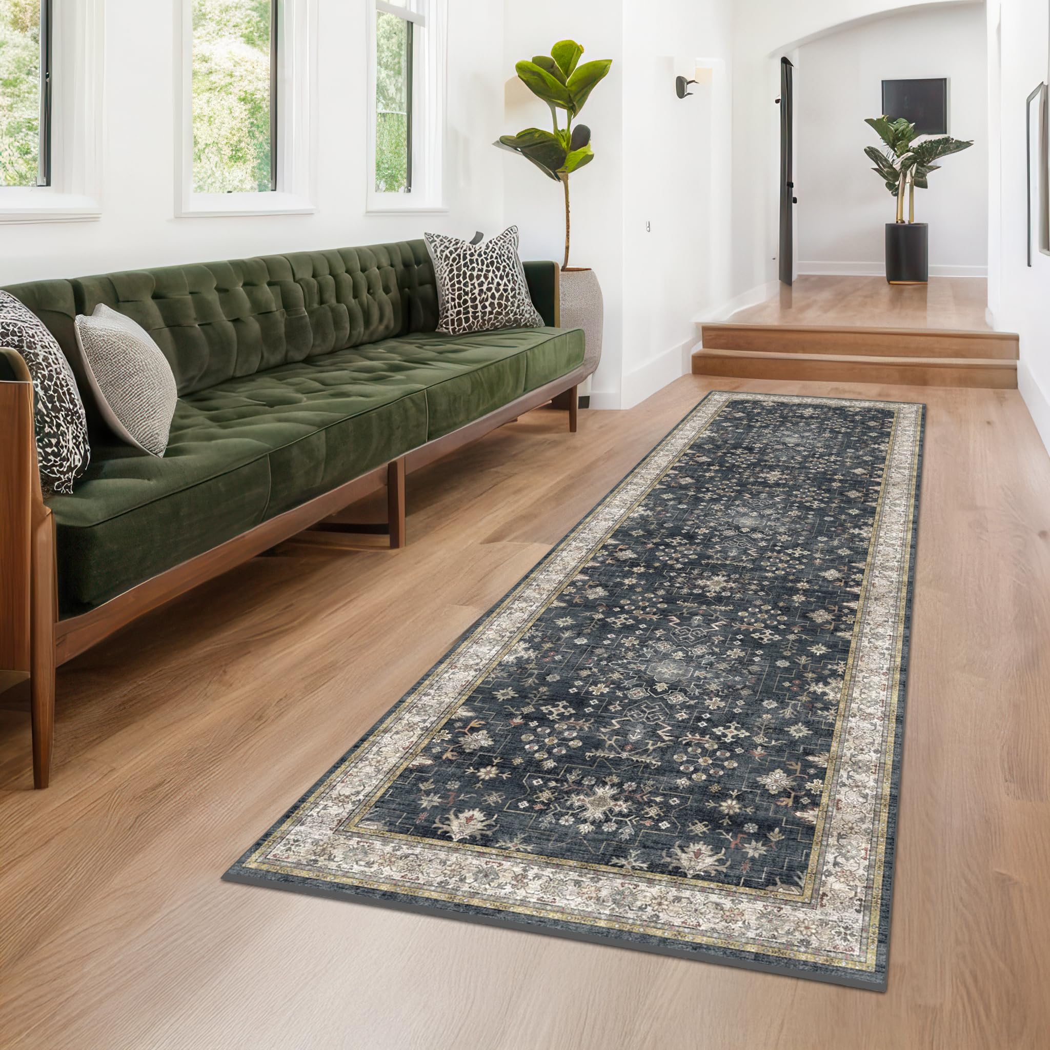 Black Boho Washable 3x10 Extra Long Hallway Runner