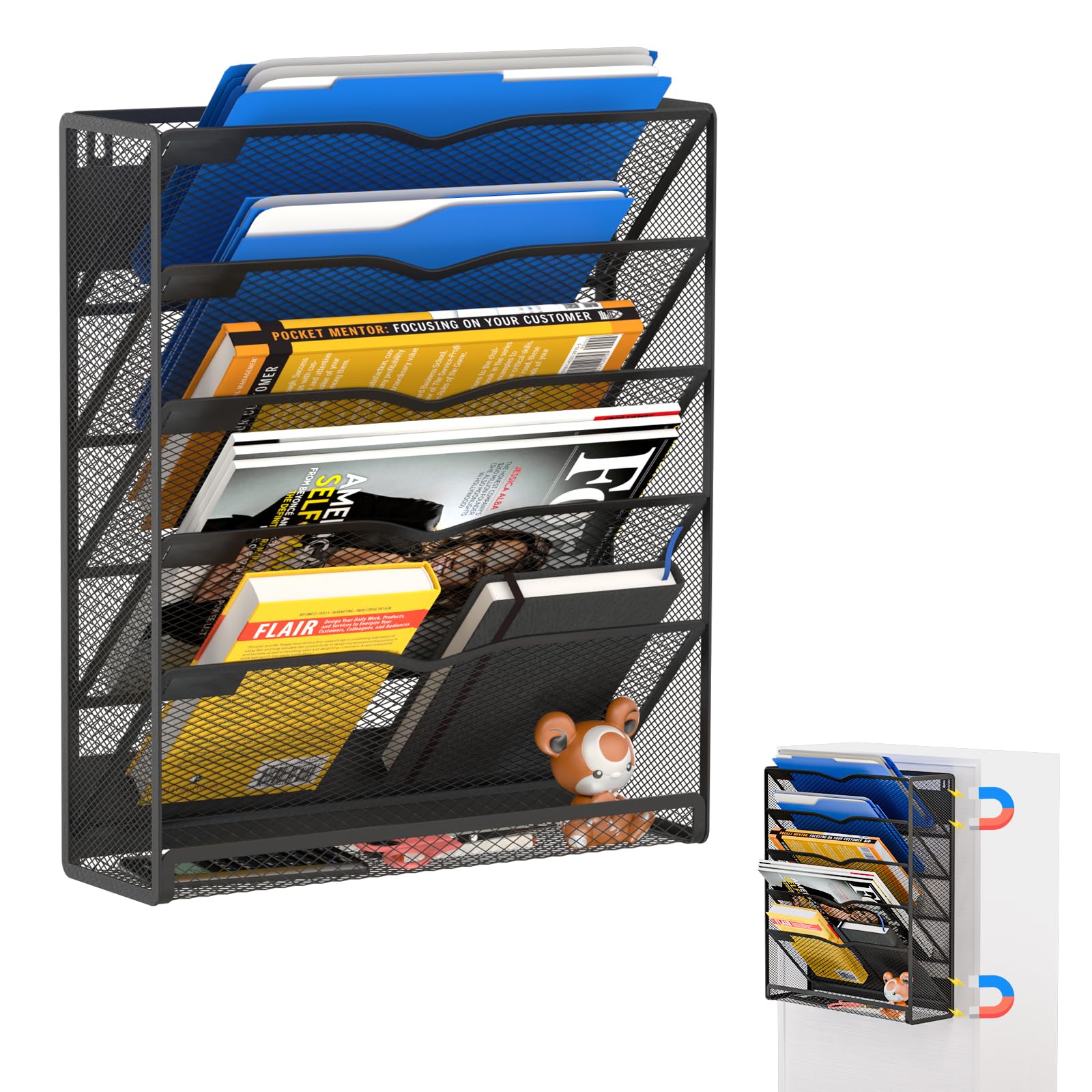 Photo 1 of Mogbhw 6-Tier Magnetic File Holder, No Drilling Magnetic File Organizer Folder Holder, Black Hanging Magnetic Paper Holder for Refrigerator, Whiteboard, File Cabinets, Office, Kitchen (Black, 6-Tier)