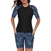 Tournesol Women's Two Piece Rash Guard Short Sleeve Swim Shirts UPF 50+ Built in Bra Swimsuit with Boyshorts with Pockets