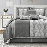LANCO MODERN LIFESTYLE King Comforter Set, Grey, 7 Pieces in a Bag, Ultra Soft Jacquard with Solid Piecework, Luxury Bed Set with Comforters, Bed Skirt, Pillow Shams and Decorative Pillows