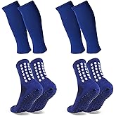 Barrlves 2 Set Grip Soccer Socks and Shin Guard Sleeves Non Slip Soccer Sleeve Socks for Men Women