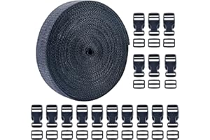 Livder 1 Inch 16 Yards Polypropylene Webbing Strap Band with 16 Set 1inch Side Release Plastic Buckles, Black