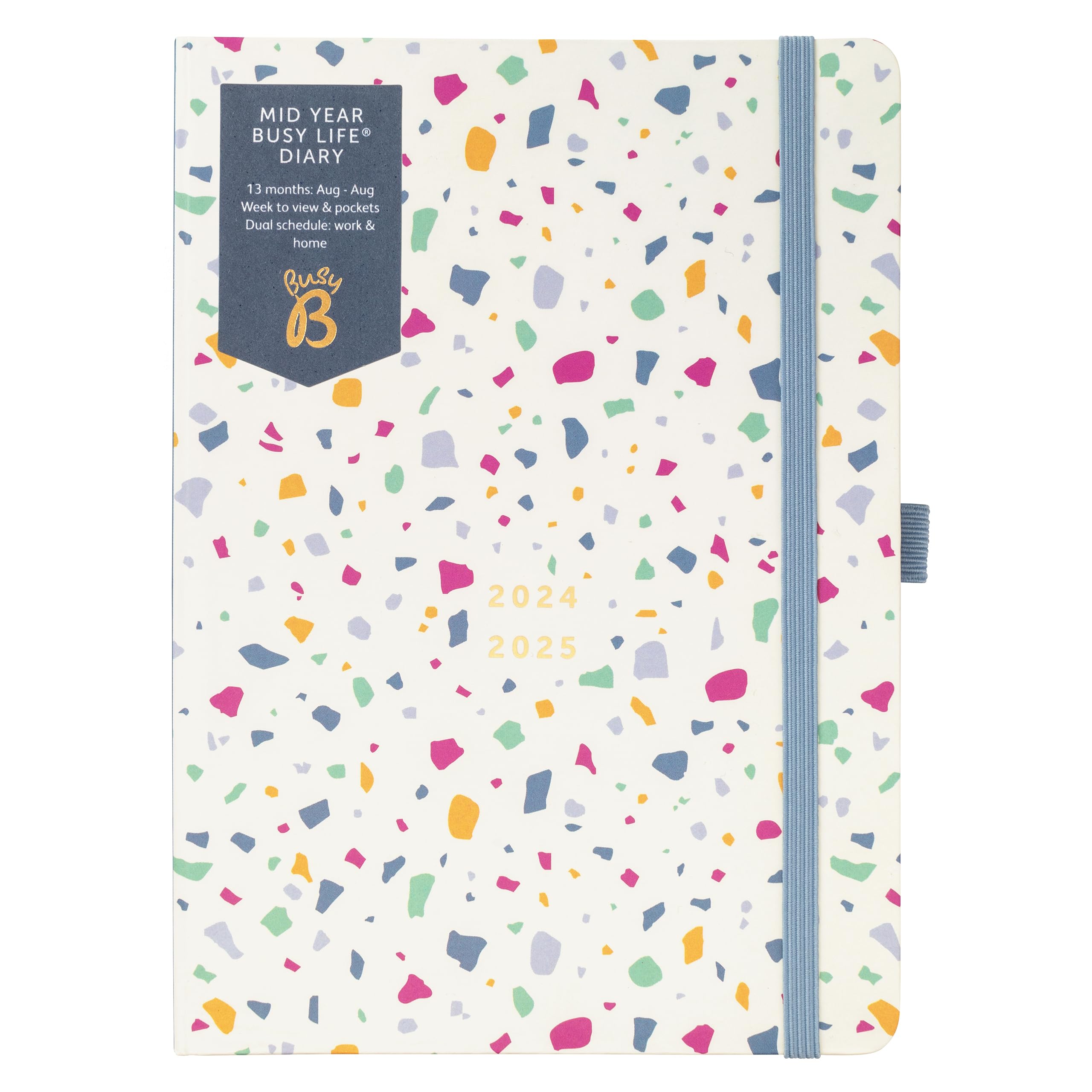 Busy B Mid Year Busy Life Diary August 2024 - August 2025. Terrazzo Academic Diary 2024-2025 Bag Size Week to view Planner with Pen Holder, Elastic Closure and Storage Pockets — image 1