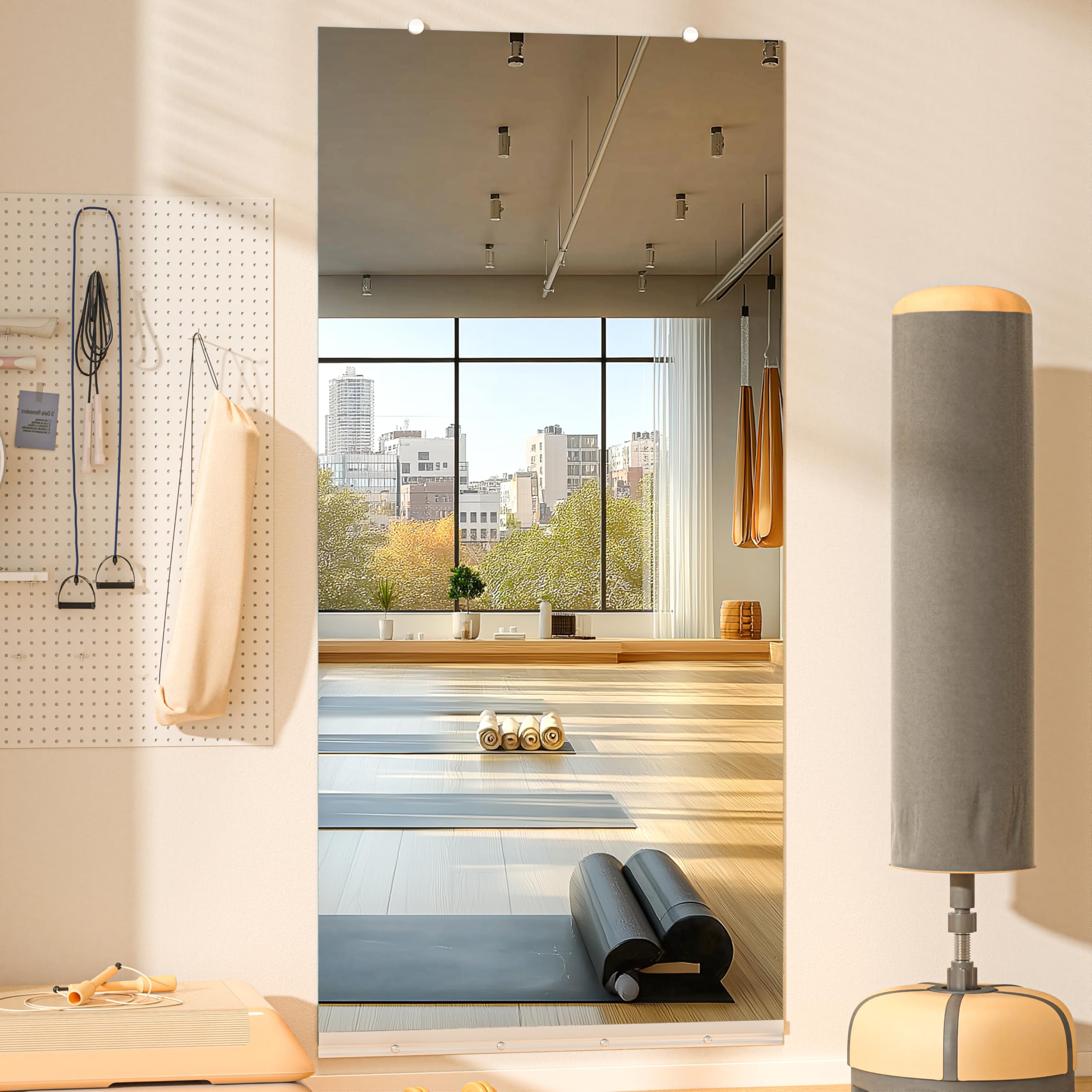 Photo 1 of Hasipu Home Gym Mirror, 71"x32" Each, 1-Pack Frameless Wall Mounted Mirrors with Glass Clamps & 1 Aluminum Rail, Large Body Mirror for Home Gym, Yoga Studio, Bedroom, Silver Tempered Glass