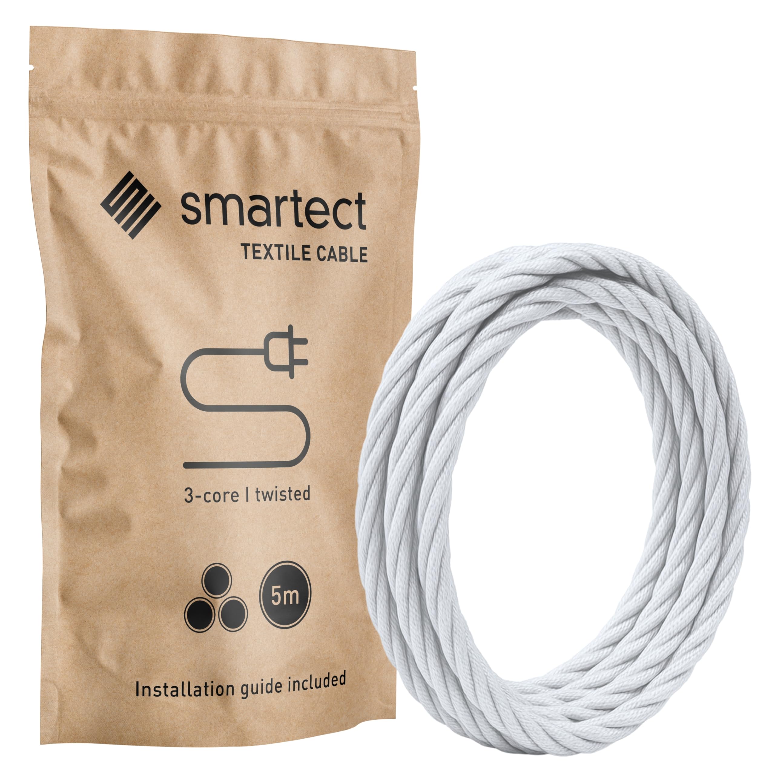 smartect Braided Cable twisted, White, 5 Metres 3 Core Electrical Cable (3 x 0.75mm²) Vintage Fabric Electrical Wire for your DIY project