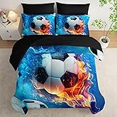 AILONEN Kids Soccer Comforter Set Full Size,7-Piece Soft Bed in a Bag,Ice and Fire Sport Boys Soccer Comforter & Fitted Sheet with Flat Sheet & 2 Pillowcases,2 Pillow Shams for Bedroom