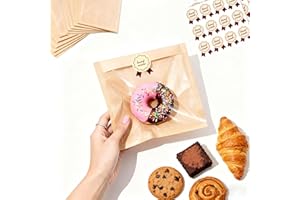FRACIJUY 50 Pack Bakery Bags with Window & Stickers, 7.1x7.5 Inch Grease Resistant Kraft Paper Cookie Bags, Heat Sealable Pastry Sleeves for Donut, Sandwich & Treats