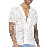 URRU Mens Floral Lace Shirt Short Sleeve Hollow Out Sheer See Through Casual Button Down Shirts