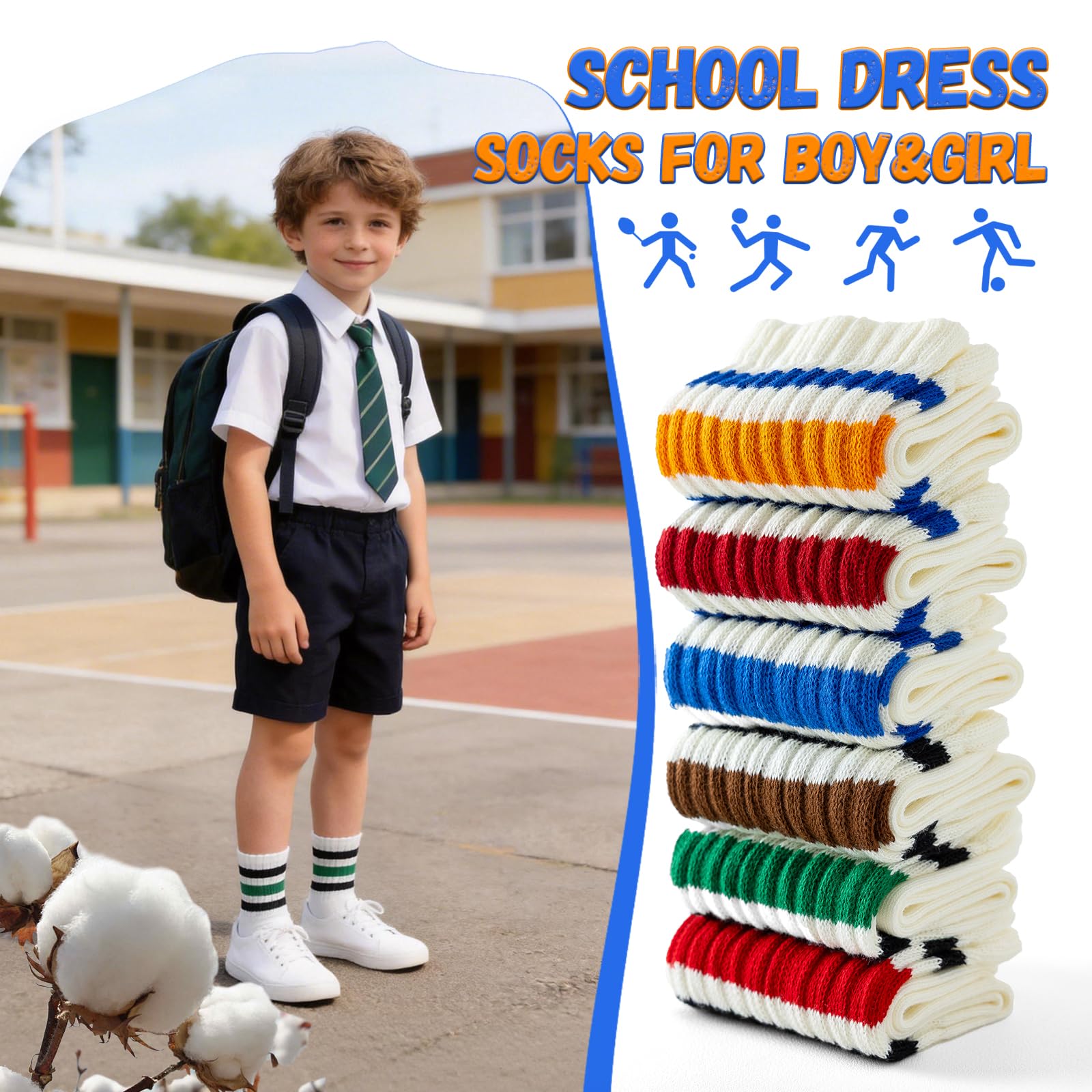 BISOUSOX Kinder Jungen Socken Ohne Naht Baumwolle Tennissocken Sportsocken für Fußball Laufen Mädchen Schulkind Socken 6 Paar Kindergeschenk 6