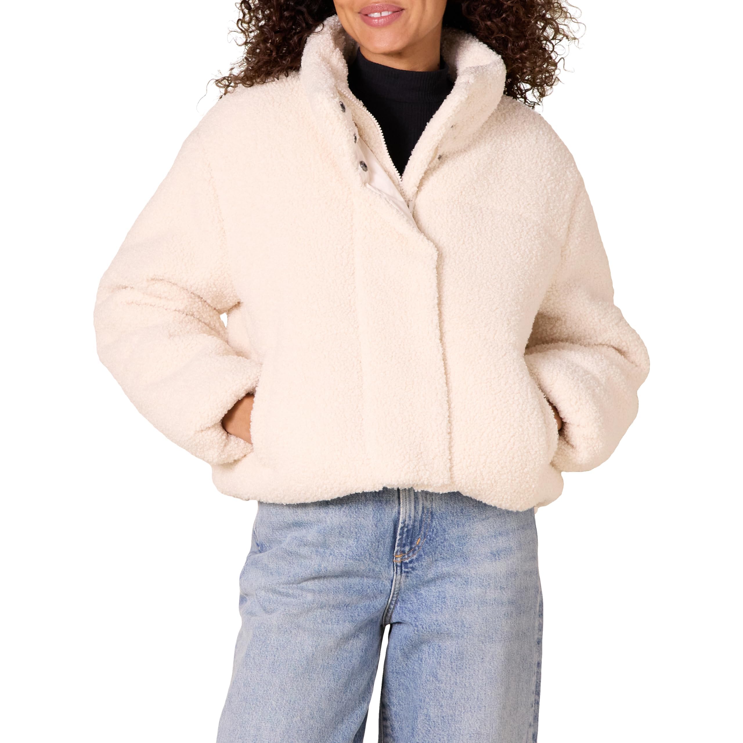 Amazon Essentials Women's Cropped Full-Zip Puffer Jacket, Winter Warm, Stand Collar, Cream Teddy Sherpa, X-Large Image