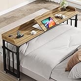 Condemo 71 in Queen Size Overbed Table with Wheels, Light Brown | Height Adjustable, Bed Table with Adjustable Tilt Board, Mobile Laptop Cart Computer Desk with Power Outlets, USB Ports