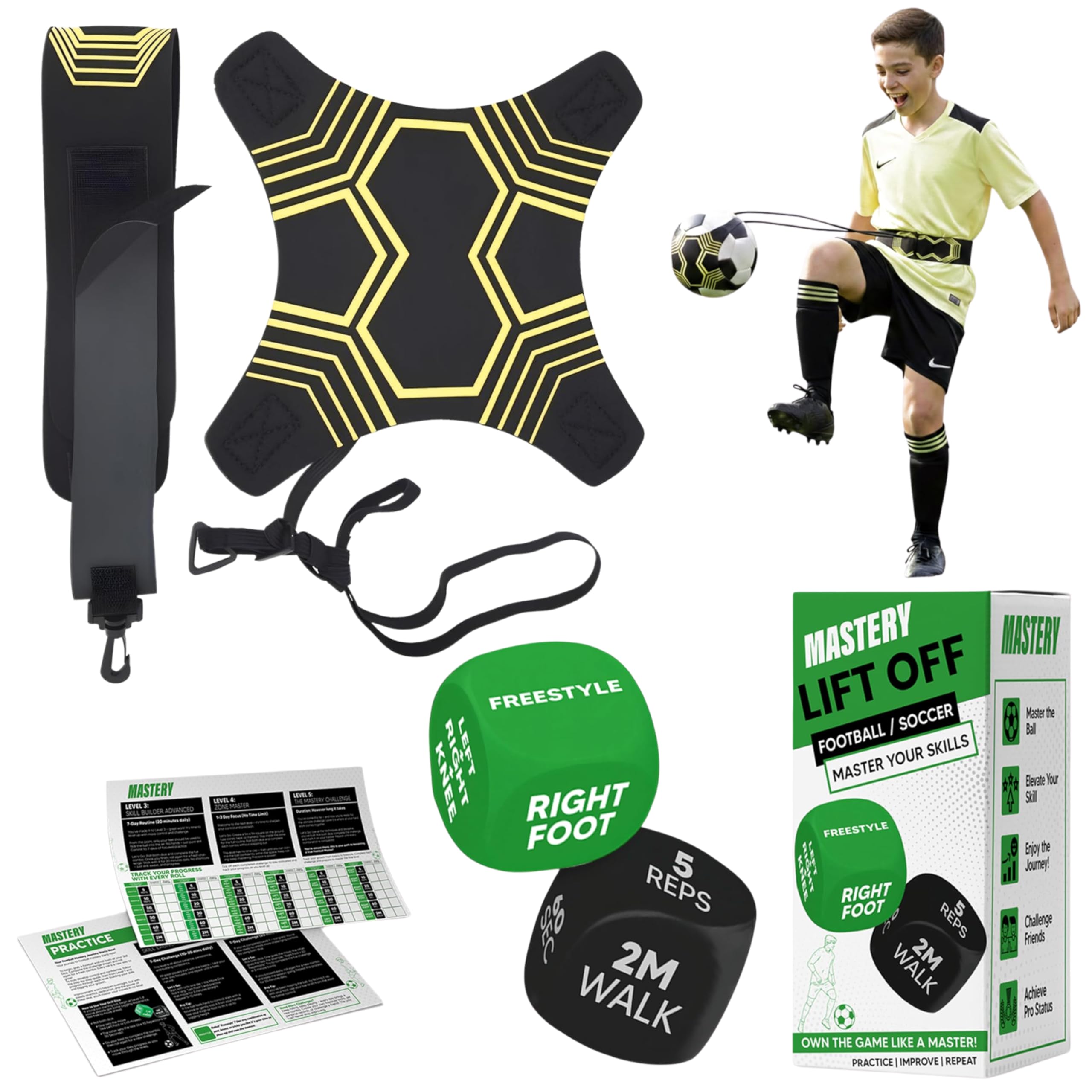 Mastery Football Kick Trainer with Football Training Dice - Solo Football Control Trainer with Keepy Up Skills Dice - Football Training Equipment Birthday Football Gifts for Boys & Girls