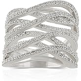 JanKuo Jewelry Rhodium Plated Cubic Zirconia Criss Cross Wide Band Cocktail Ring
