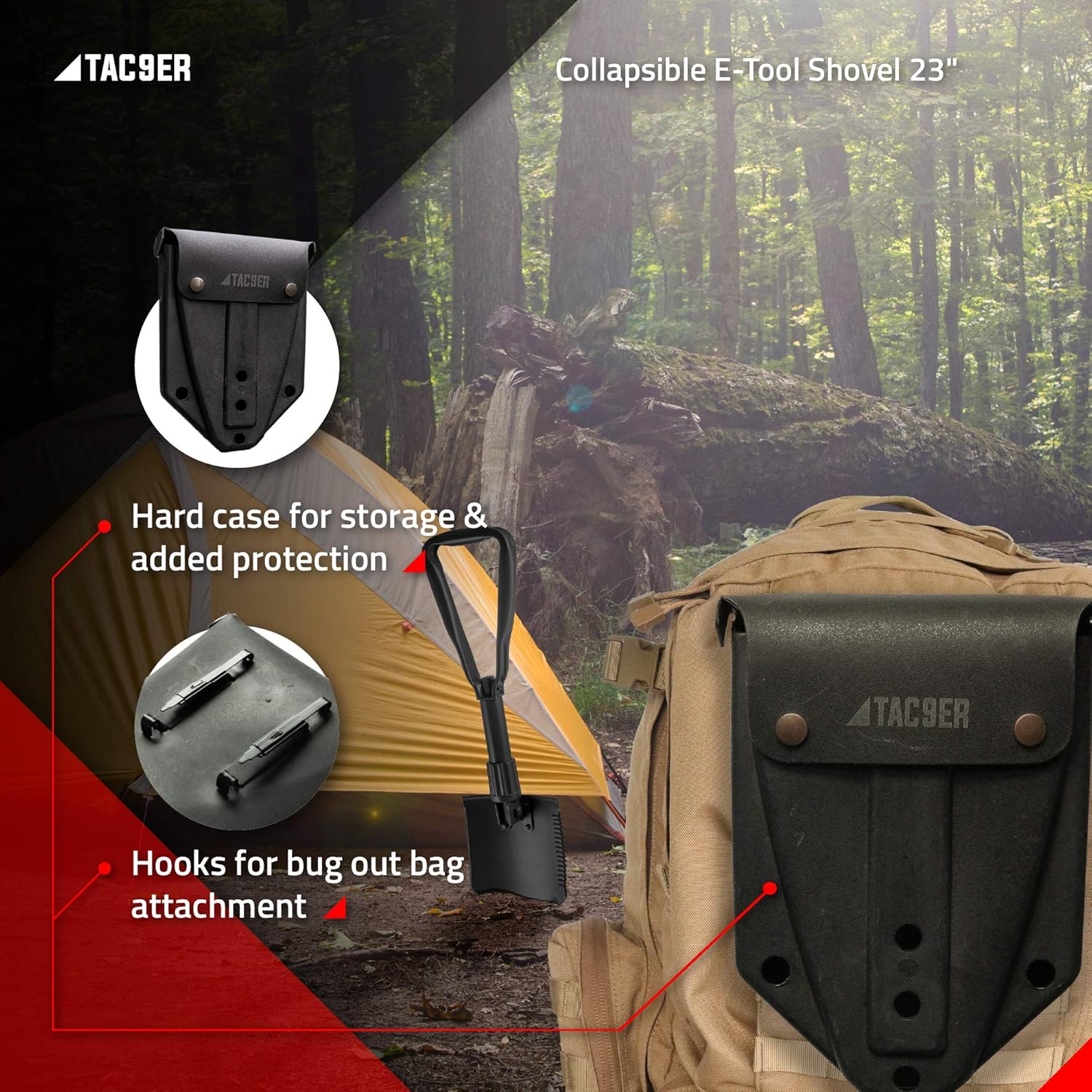 TAC9ER Entrenching Tool Shovel 23” - Portable, Metal, Tactical Shovel with Serrated Steel Blade for Camping, Backpacking, Gardening, Emergencies, Survival, and Heavy Duty Use : Garden & Outdoor