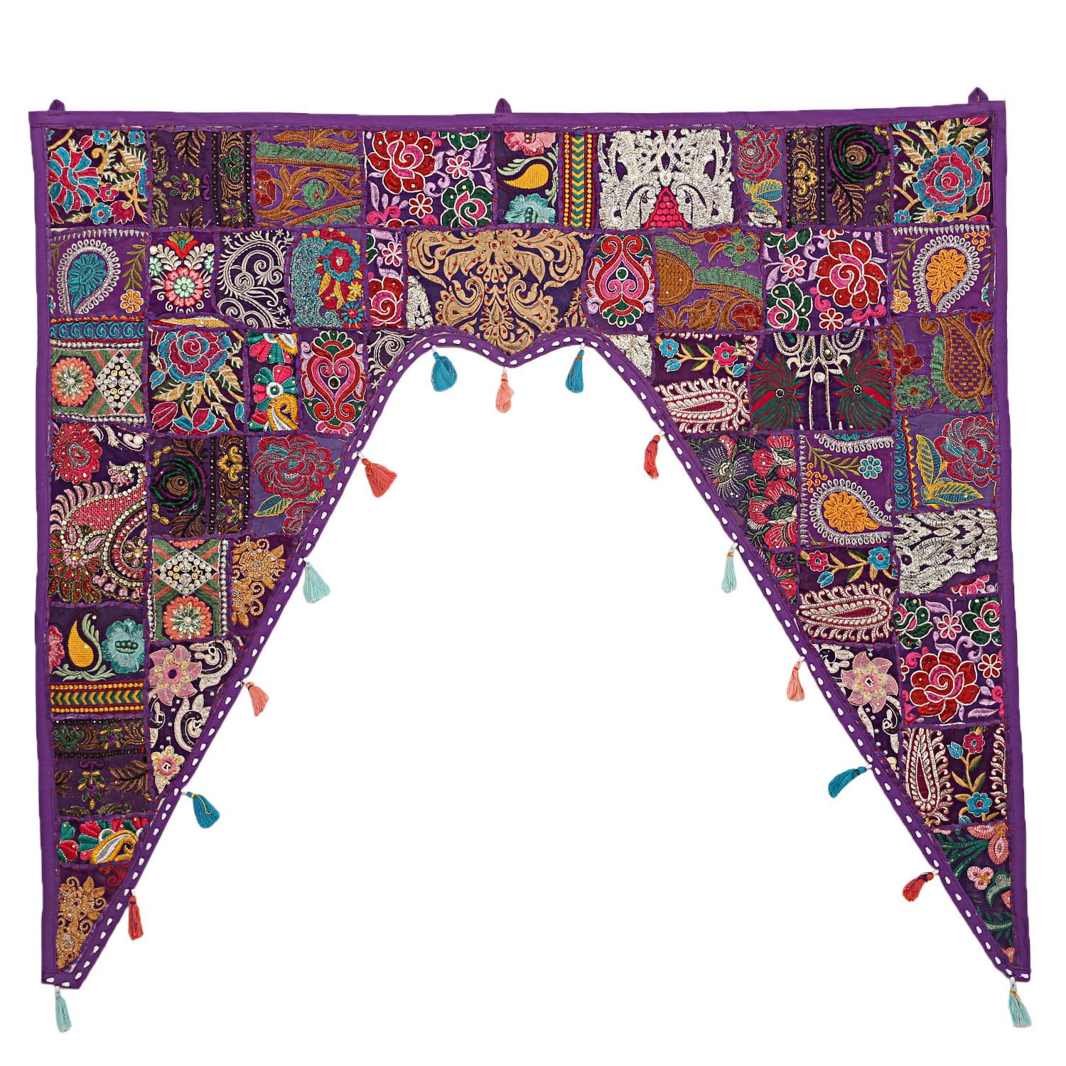 Stylo Culture Decorative Cotton Swag Curtain Large Door Valance Embroidered Purple Vintage Embroidered Patch Work Floral Scarf Curtain Topper Bedroom Window Hanging Toran Gate | 45 x 41 Inches