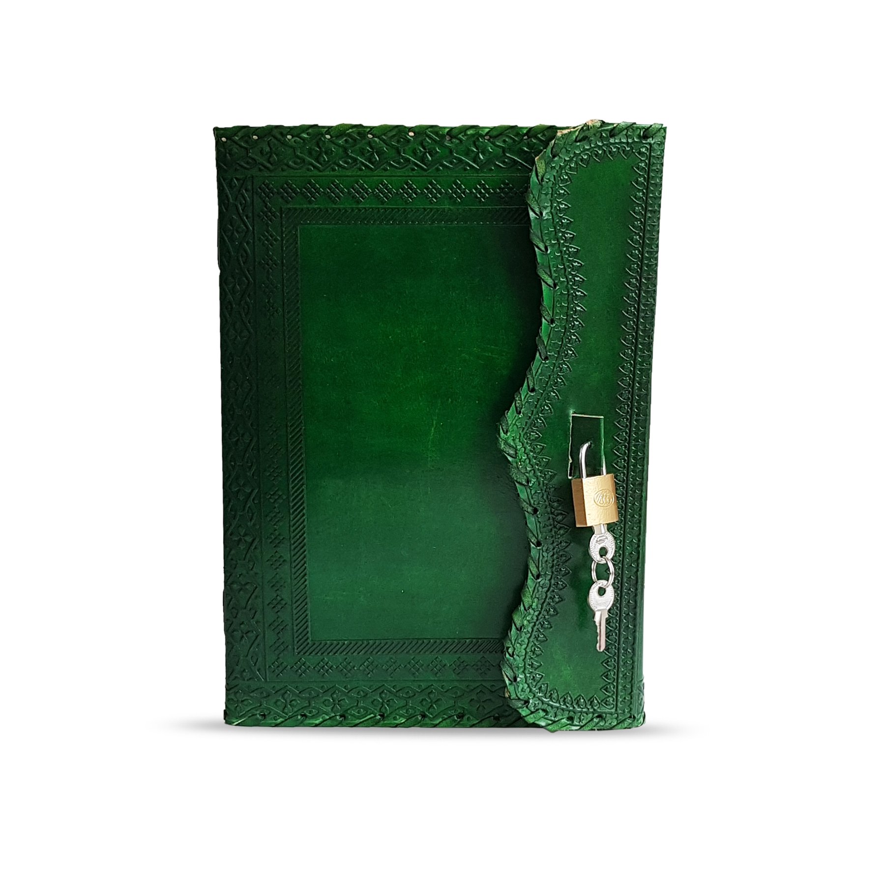 10" Leather Journal with lock Writing Pad Blank Notebook Handmade Notepad Men & Women Unlined Paper Best Present Art Sketchbook Travel Diary To Write Book Of Shadow Refillable Grimoire Green