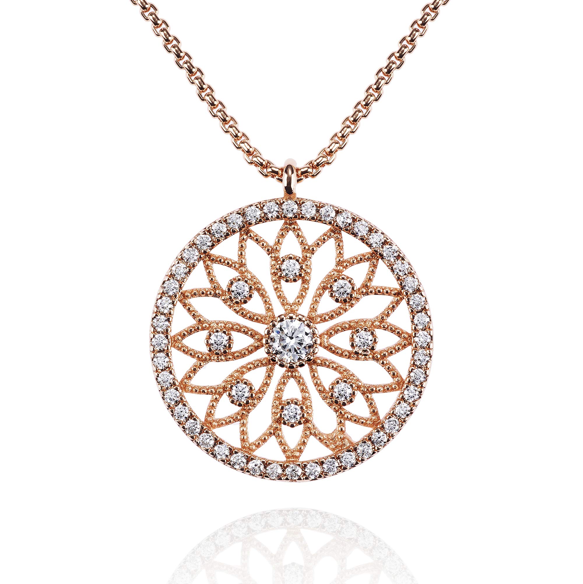 namana Mandala Arabesque Rose Gold Pendant Necklace. Rose Gold Necklaces for Women Set with Cubic Zirconia Gemstones on Intricate Filigree Details. Rose Gold Necklace for Women with Gift Box