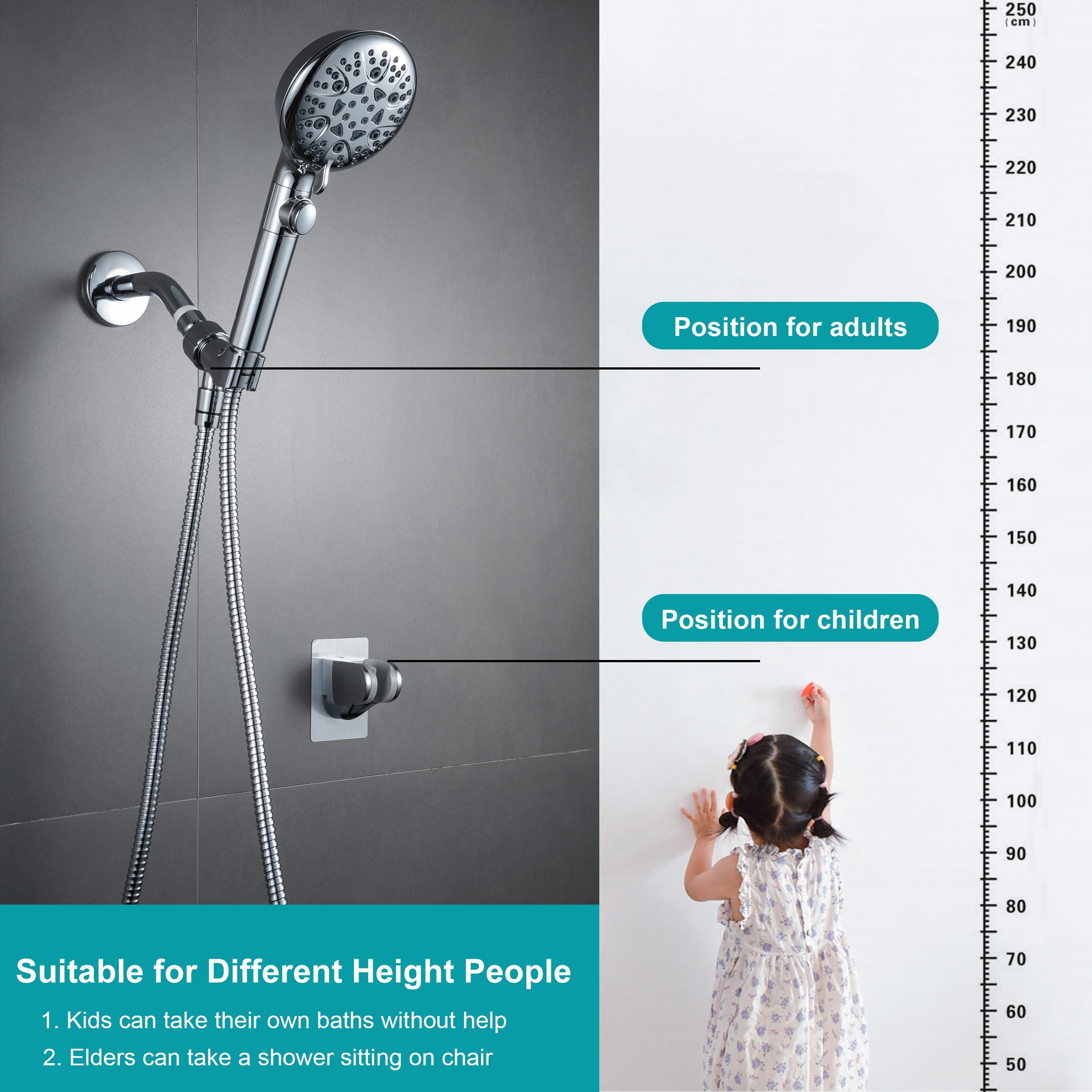 Handheld Shower Head with On Off Switch 8-Mode High Pressure Showerhead with 79 Inches Extra-long Stainless Steel Hose and Bracket PLUS Extra Low-Reach Adhesive Wall Mount for Kids,Silver…