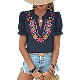 ZILIN Women's Casual Floral Embroidered V Neck Boho Short Puff Sleeve Shirts Loose Summer Blouses Tops Fashion Clothes 2026
