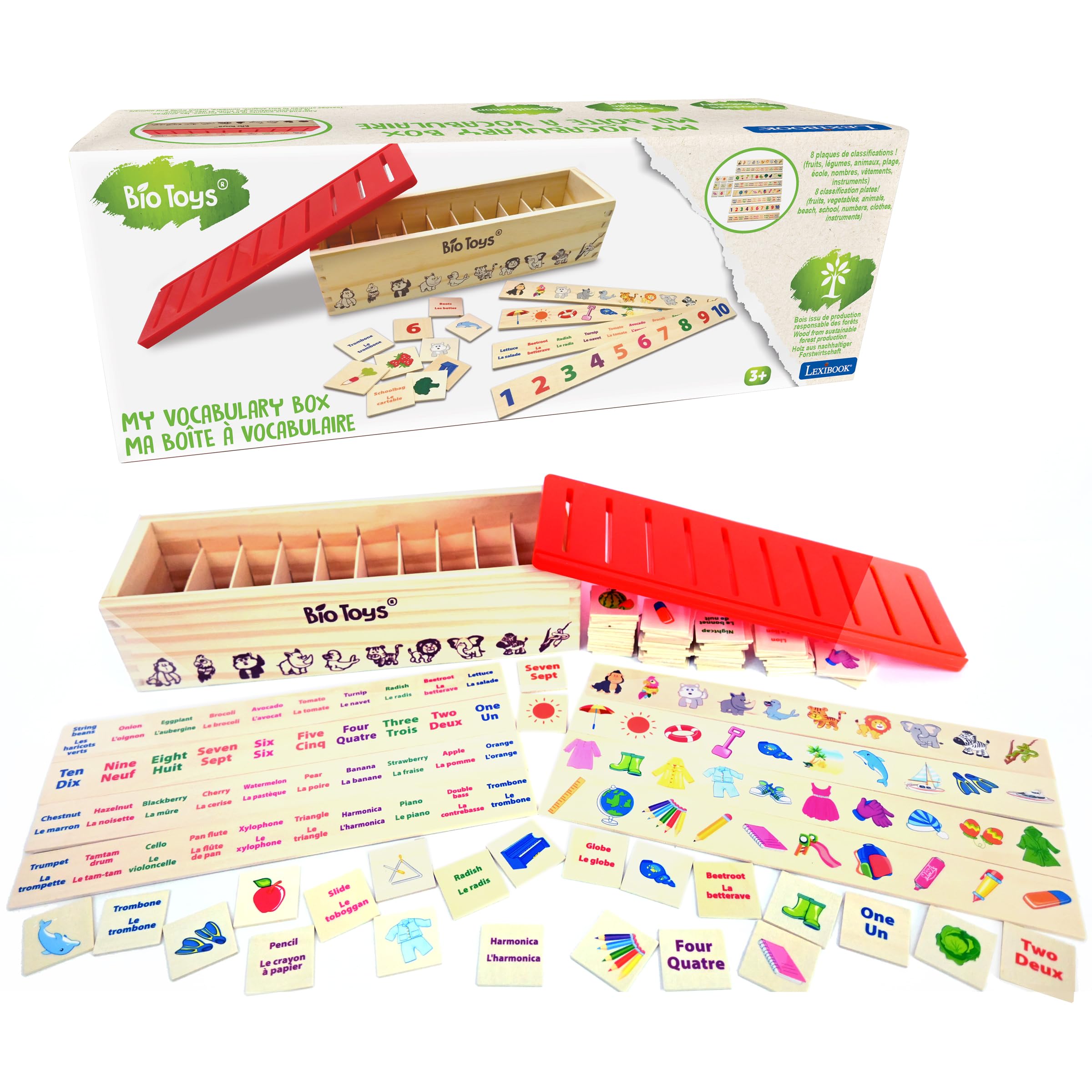 LEXIBOOK, Bio Toys, Vocabulary box, Wooden sorting box, bilingual English/French, EDU250i1