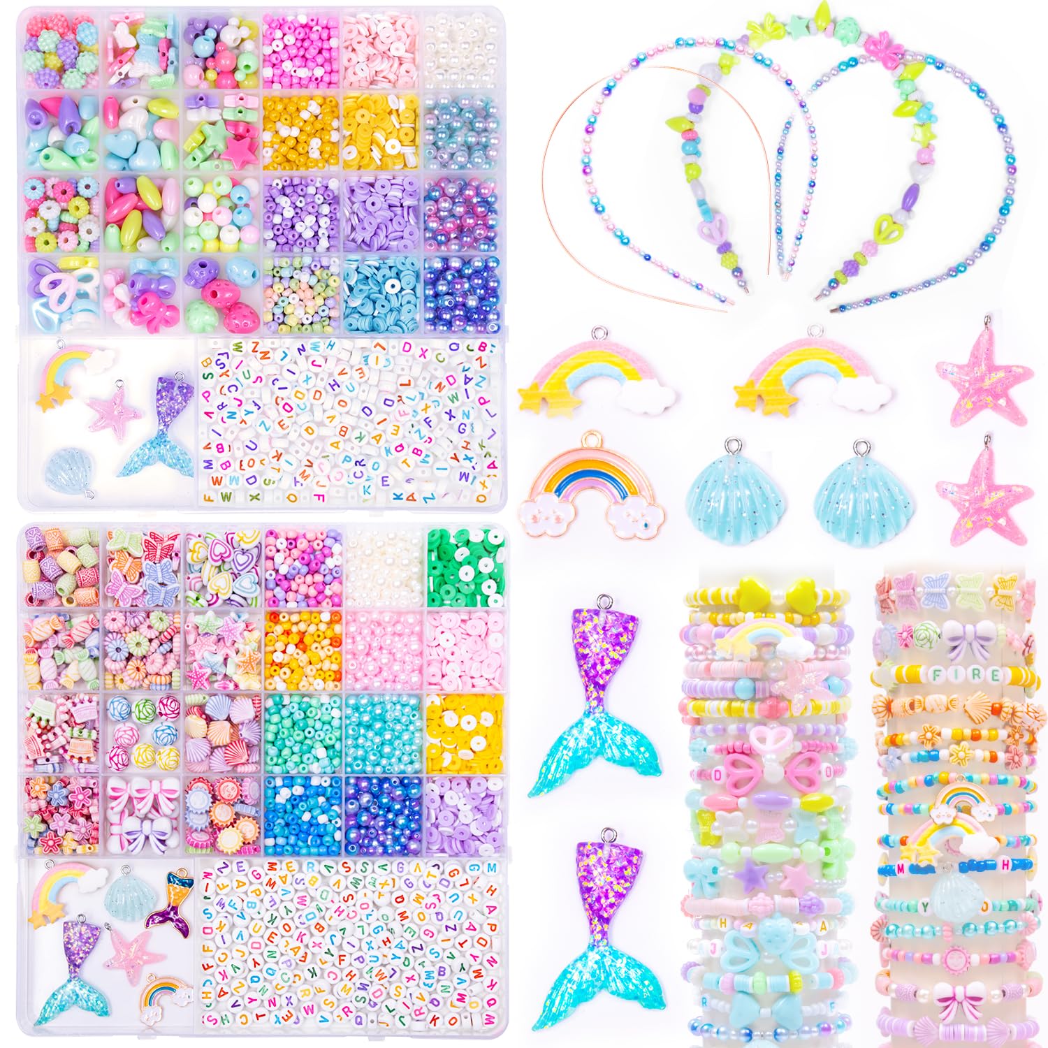 MiuCo Bead Set for Bracelets Making for Craft Sets for Children from 6 Years, Jewelry Making for Girls 8 Years for Gifts, Colorful Beads for Threading Gifts for Girls 5 7Years 2 Box