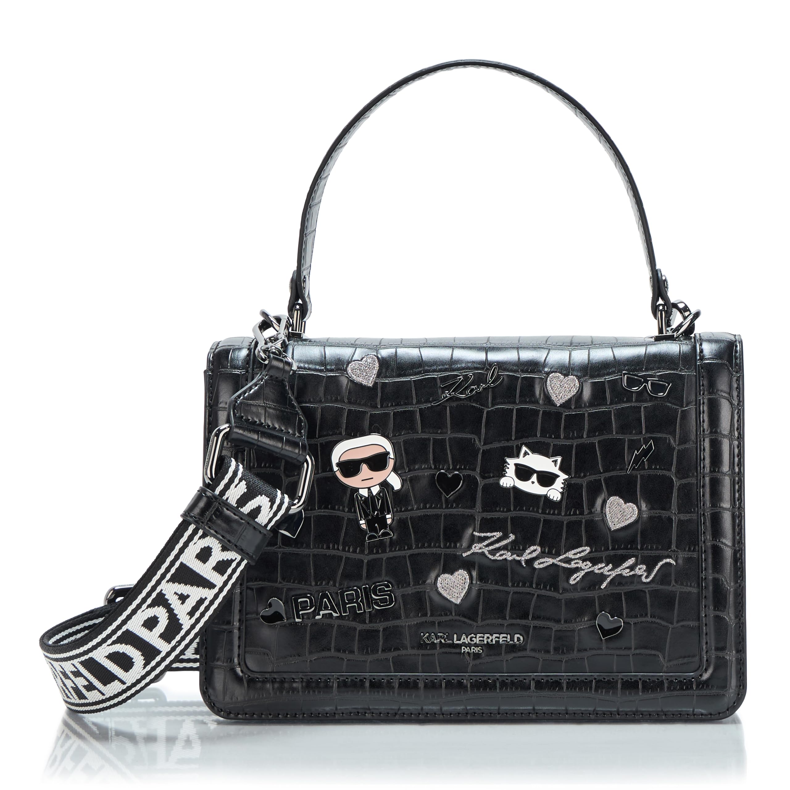 KARL LAGERFELD Women’s Maybelle Solid Crossbody with Choupette Detail, Black, One Size