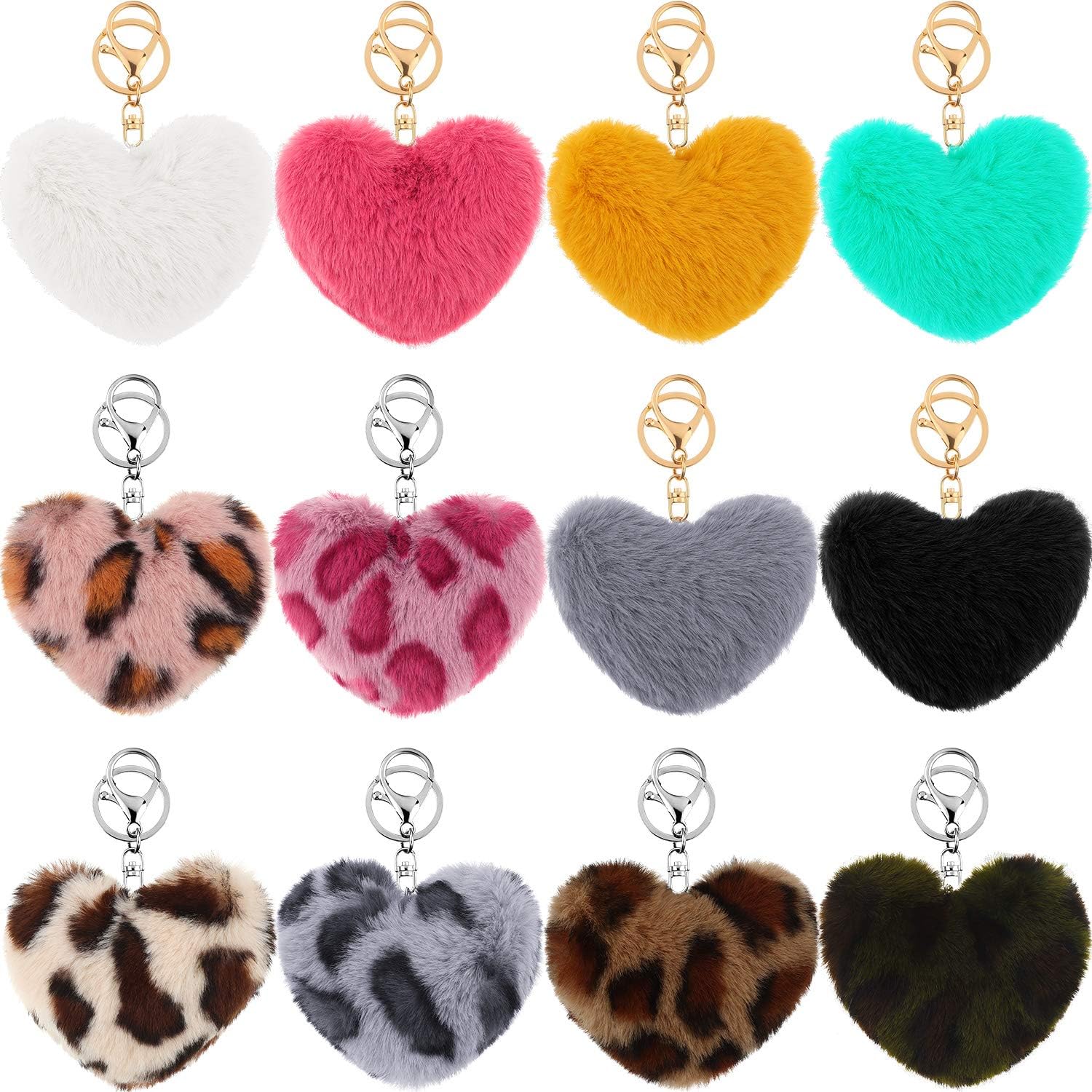 12 Pieces Pom Poms Keychains Fluffy Heart Shape Pompoms Keyring Faux