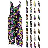 YRAETENM Mardi Gras Jumpsuit for Women Baggy Adjustable Strap Wide Leg Overalls Sleeveless Printed Rompers Festival Outfits
