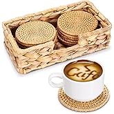 Hushee 12 Pcs Handmade Rattan Coasters with Holder Woven Natural Wicker Boho Coasters Set Heat Resistant Drink Woven Hot Pads for Cup Base Table Home Decoration