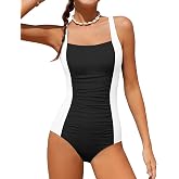 TyeSmo Girls Swimsuit One Piece Swimsuits Ribbed Bathing Suit for Girls Color Block Ruched Adjustable Strap Pad Swimwear