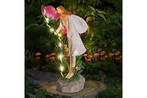 Ovewios Fairy Garden Statue Outdoor Decor, Solar Powered Garden Sculptures Fairy Resin Statues Waterproof Pink Flower Solar LED Lights Yard Art Decorations for Outside Patio Lawn Decor