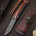 Omesio Damascus Pocket Knife with Leather Sheath for Men Women, Wooden Handle, Vg-10 Steel Damascus Folding Knife, 3.54 Inch Blade Foldable EDC Knife for Camping Fishing Hiking Hunting Gift