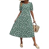 Zeagoo Womens Summer Dress Casual Midi Dresses 2026 Short Puff Sleeve Flare Dress Pleated Flowy Sundress with Pockets