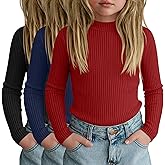 LessonZoo 3 Pack Girls' Ribbed Long Sleeve Shirts Cotton Mock Turtleneck Tops Tag Free Knit Base Layer Tee Casual Undershirts