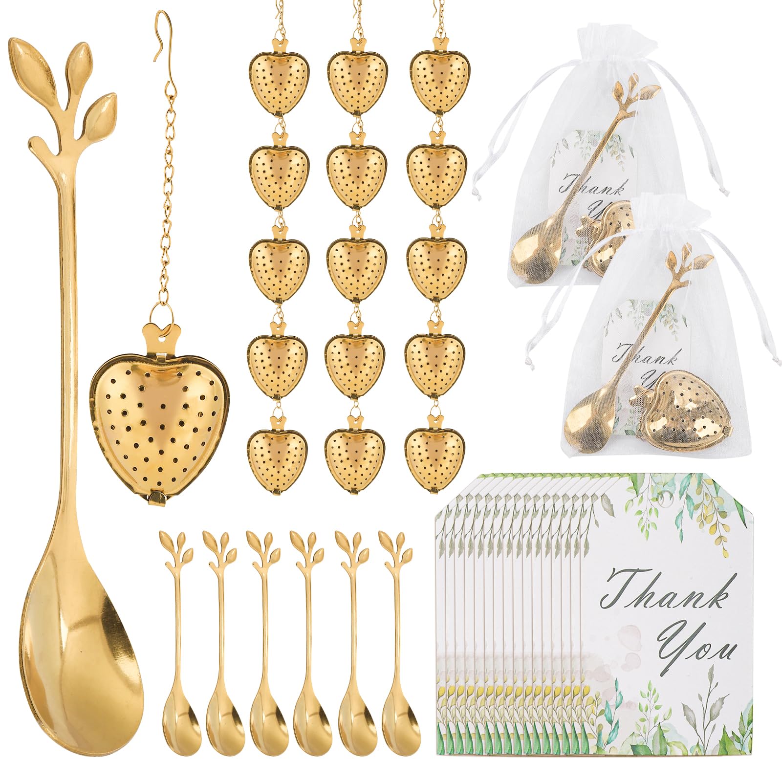 Photo 1 of 50 Sets Bridal Shower Tea Party Favor for Heart Shape Infuser Ball for Loose Guest Leaf Tea Spoon with Thank You Card Organza Bag Wedding Favors Tea Party Decorations Elegant Party Favors(Gold)